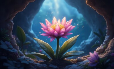 Poster - Beautiful pink lotus in mystical cave