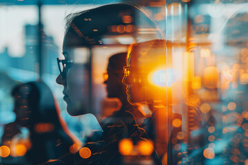 Wall Mural - a double exposure picture of a silhouette professional worker backdrop of city lights generative ai