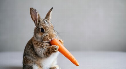 Cute brown bunny eating a carrot on a soft background