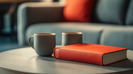 Wall Mural - Close-up of a coffee table with two grey cups and a book in red cover, next to a blurred grey sofa in the background