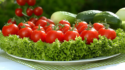 Wall Mural - Fresh cherry tomatoes, cucumbers, and lettuce on plate, garden background, healthy food.