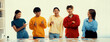 © Summit Art Creations - Panoramic banner young happy asian startup company employee wearing colorful casual wear stand in line together symbolize creative teamwork, job employment, HR agency recruitment. Synergic