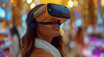 Poster - A woman wearing VR headgear, smelling a nice smell in the air, in an event of launching a perfume in the market, in a luxurious settings venue.