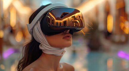 Poster - A woman wearing VR headgear, smelling a nice smell in the air, in an event of launching a perfume in the market, in a luxurious settings venue.