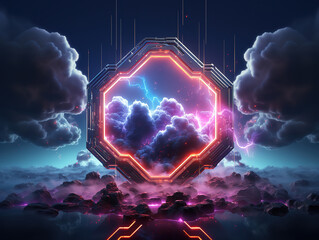 Wall Mural - Fantastic abstract neon background with stormy cloud and hexagonal frame glowing with colorful light