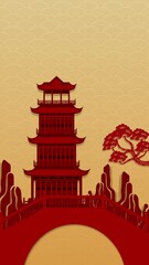 Wall Mural - chinese new year vertical background with pagoda and bridge, motion graphic design