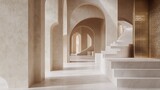 Sunlit beige hallway with arches, stairs, and gold accents.