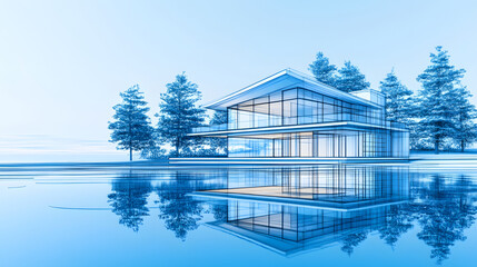 Fototapete - A modern house design reflected in calm water, surrounded by trees, showcasing a serene and minimalist architectural style