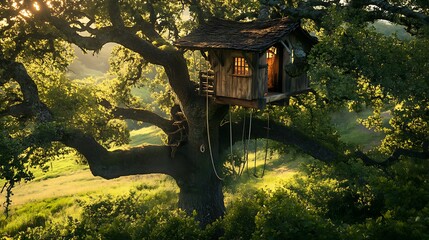 Wall Mural - A fantastical treehouse perched high in an ancient oak tree with ropes leading down to the ground