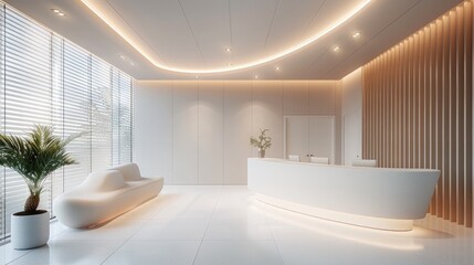 Poster - A white modern clinic lobby, minimalist design. Walls are entirely white with subtle birch wood accents. A large window with blinds is on the wall, Indirect lighting in a recessed ceiling.