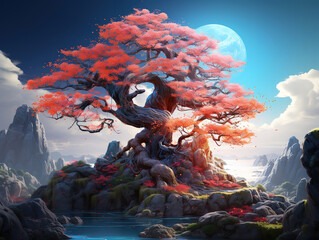 Wall Mural - Incredible View of 3d tree with beautiful branches and pink leaves
