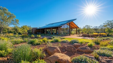 Wall Mural - Modern sustainable building nestled in a landscaped desert garden, bathed in sunlight.