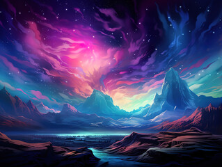 Wall Mural - Superb A breathtaking view of the Northern Lights over snowy mountains
