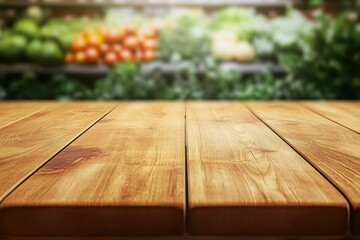 Wooden table, produce market backdrop, advertising display