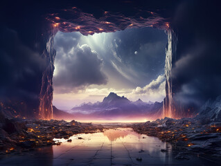 Wall Mural - Amazing Terrain landscape with glowing square frame, stormy cloud and mountains at night