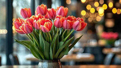 Aufkleber - A vibrant bouquet of pink and white tulips stands tall in a vase, bringing spring's beauty indoors. The soft bokeh lights in the background create a warm and inviting setting for relaxation.