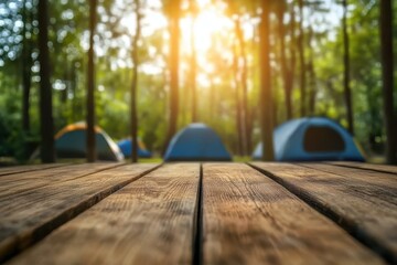 Wooden table, camping tents, forest, sunny day, product display