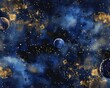 © tiena - Outer space with planets and stars, deep indigo and rich gold colors background. AI generative