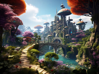 Wall Mural - Superb 3d rendering of a colorful fantasy landscape