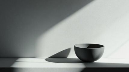 Canvas Print - Dark grey bowl on white surface in sunlit room.