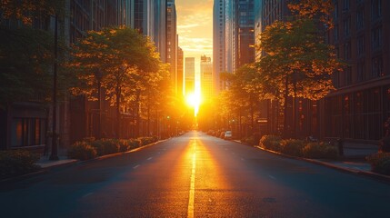 Wall Mural - A serene city street at sunset, showcasing buildings and trees along a quiet road.