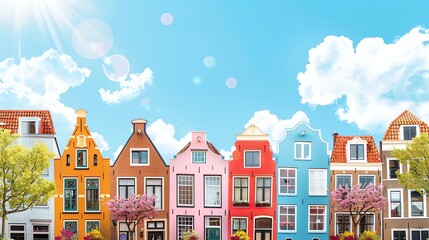 Wall Mural - A row of colorful houses with a blue sky and fluffy white clouds.