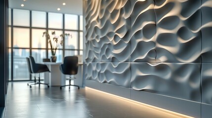 Poster - A modern office with textured paper used as wall decor, subtle patterns and lines creating a sophisticated and artistic backdrop for minimalist furniture.
