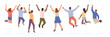 © Sensvector - Group of happy community jumping expressing success, back view. Vector isolated young cartoon characters joyful hopping, dancing multiracial people with raised hands. Happiness and freedom