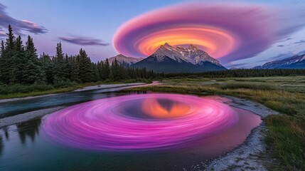 Wall Mural - Stunning mountain reflection, vibrant colors, and a mystical cloud formation over a serene river valley.