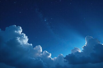 A dark blue sky dotted with puffy white clouds under the twinkling of stars at night, fluffy, night, atmospheric