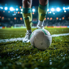 Wall Mural - A close-up of a soccer player wearing white and green socks, standing on grass in a stadium at night with a ball between his feet.