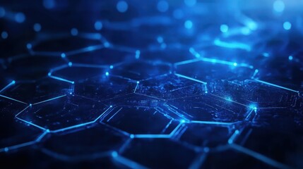 Blue tech background featuring circuit lines and hexagons, vector design for business, technology, or science themes.