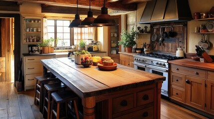 Wall Mural - Rustic farmhouse kitchen with large wooden island, exposed beams, and vintage details.