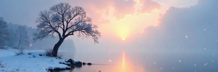 Wall Mural - A lone tree's branches stretch towards the sky over a frozen lake, peaceful, nature