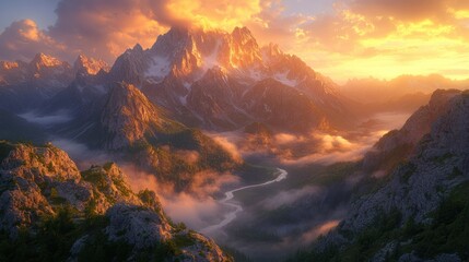 Wall Mural - Majestic mountain landscape at sunset with mist and a winding river.