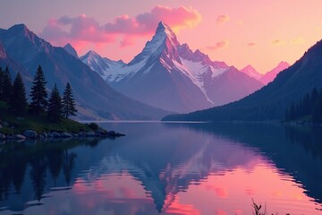 Wall Mural - Softly glowing sunsets behind majestic mountains, lake, scenery, serene