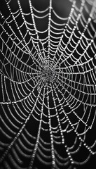 Wall Mural - Intricate Beauty A Macro View of a Dew-Kissed Spider Web in Monochrome, Nature s Exquisite Design