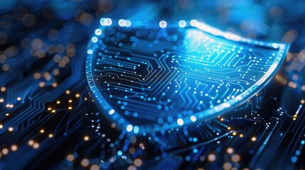 Fototapete - A digital shield icon with circuit patterns around it, representing advanced cyber security technology for online protection and data shielding in a blue color background.