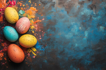 Celebrate Easter with colorful eggs and festive decorations for 2025 copy space