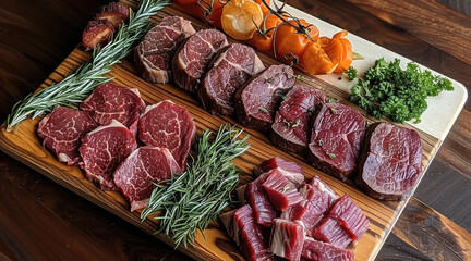 Poster - A selection of fresh, high-quality cuts of beef displayed on a wooden board. top view.