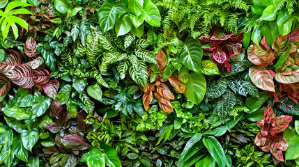 Wall Mural - lush vertical garden with diverse foliage in indoor setting, natural backdrop.