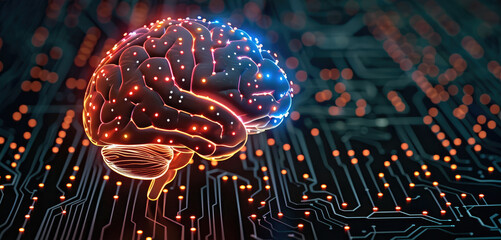 Aufkleber - A conceptual image of artificial intelligence, with a human brain morphing into digital circuits and neural networks, representing innovation and science.
