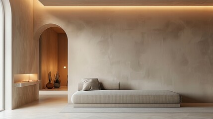 Poster - a minimalist interior design of an empty room with a light gray sofa and beige walls, featuring slee