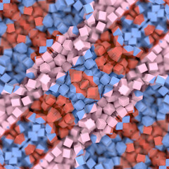 Leinwandbilder - Digital illustration of a three-dimensional pattern consisting of many small cubes in shades of blue, pink and red. Symmetrical composition. 3d rendering
