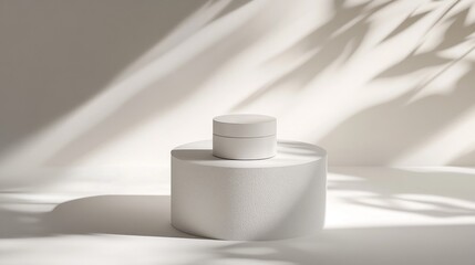 Canvas Print - White cosmetic jar on pedestal with leaf shadows.