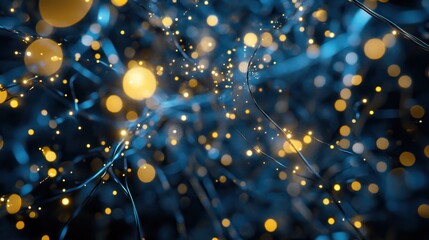 Wall Mural - abstract blurred bokeh of holiday lights over dark blue background.
