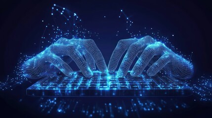 Digital hands typing on a glowing keyboard, representing technology and data processing.