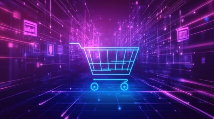 Wall Mural - neon shopping cart in digital space with futuristic vibes
