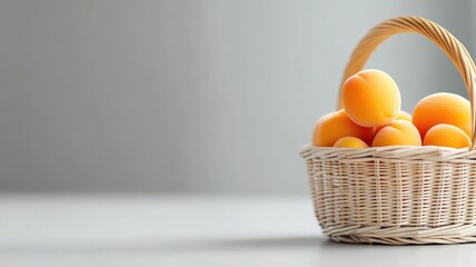 Wall Mural - Fresh apricots in white wicker basket on light surface