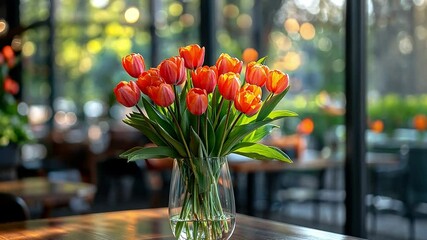 Poster - A stunning bouquet of orange tulips fills a glass vase, enhancing the charm of a serene spring day indoors, with soft light creating a warm and inviting atmosphere among blurred backgrounds.